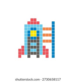 Um design de pixel plano feito de blocos de cores quadradas geométricas em um layout de ícone limpo. Adequado para elementos criativos modernos, itens isolados ou projetos de artesanato brilhante. Foguete de arte Pixel