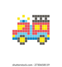Um design de pixel plano feito de blocos de cores quadradas geométricas em um layout de ícone limpo. Adequado para elementos criativos modernos, itens isolados ou projetos de artesanato brilhante. Caminhão de bombeiros Pixel art