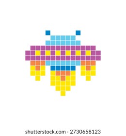 Um design de pixel plano feito de blocos de cores quadradas geométricas em um layout de ícone limpo. Adequado para elementos criativos modernos, itens isolados ou projetos de artesanato brilhante. UFO de arte pixel