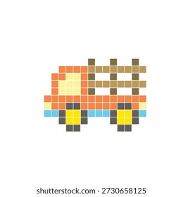 A flat pixel design made of geometric square color blocks on a clean icon layout. Suitable for creative modern elements, isolated items, or bright craft projects. Pixel art stake truck
