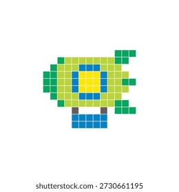 Um design de pixel plano feito de blocos de cores quadradas geométricas em um layout de ícone limpo. Adequado para elementos criativos modernos, itens isolados ou projetos de artesanato brilhante. Pixel art zepelim