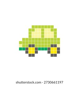 A flat pixel design made of geometric square color blocks on a clean icon layout. Suitable for creative modern elements, isolated items, or bright craft projects. Pixel art electric car