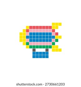 A flat pixel design made of geometric square color blocks on a clean icon layout. Suitable for creative modern elements, isolated items, or bright craft projects. Pixel art zeppelin