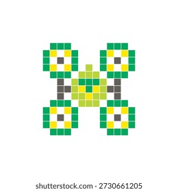 Um design de pixel plano feito de blocos de cores quadradas geométricas em um layout de ícone limpo. Adequado para elementos criativos modernos, itens isolados ou projetos de artesanato brilhante. Drone de arte pixel