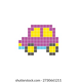 A flat pixel design made of geometric square color blocks on a clean icon layout. Suitable for creative modern elements, isolated items, or bright craft projects. Pixel art electric car