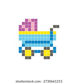 Um design de pixel plano feito de blocos de cores quadradas geométricas em um layout de ícone limpo. Adequado para elementos criativos modernos, itens isolados ou projetos de artesanato brilhante. carrinho de bebê Pixel art
