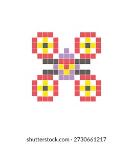 Um design de pixel plano feito de blocos de cores quadradas geométricas em um layout de ícone limpo. Adequado para elementos criativos modernos, itens isolados ou projetos de artesanato brilhante. Drone de arte pixel