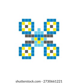 Um design de pixel plano feito de blocos de cores quadradas geométricas em um layout de ícone limpo. Adequado para elementos criativos modernos, itens isolados ou projetos de artesanato brilhante. Drone de arte pixel