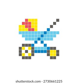 A flat pixel design made of geometric square color blocks on a clean icon layout. Suitable for creative modern elements, isolated items, or bright craft projects. Pixel art baby stroller