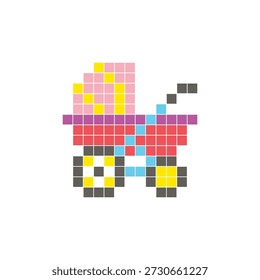 Ein flaches Pixeldesign aus geometrischen quadratischen Farbblöcken auf einem sauberen Symbollayout. Geeignet für kreative moderne Elemente, Einzelstücke oder helle Handwerksprojekte. Pixel Art Baby Kinderwagen