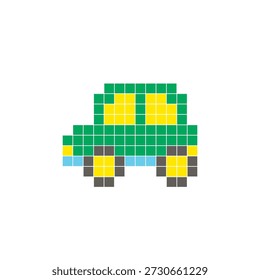 A flat pixel design made of geometric square color blocks on a clean icon layout. Suitable for creative modern elements, isolated items, or bright craft projects. Pixel art electric car