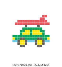 Um design de pixel plano feito de blocos de cores quadradas geométricas em um layout de ícone limpo. Adequado para elementos criativos modernos, itens isolados ou projetos de artesanato brilhante. Pixel art carro e prancha de surfe
