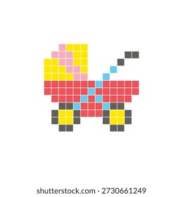 Ein flaches Pixeldesign aus geometrischen quadratischen Farbblöcken auf einem sauberen Symbollayout. Geeignet für kreative moderne Elemente, Einzelstücke oder helle Handwerksprojekte. Pixel Art Baby Kinderwagen