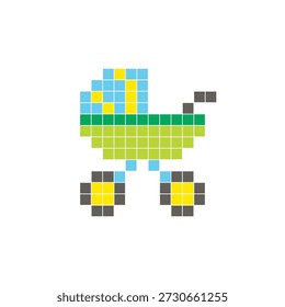A flat pixel design made of geometric square color blocks on a clean icon layout. Suitable for creative modern elements, isolated items, or bright craft projects. Pixel art baby stroller