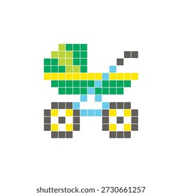 Ein flaches Pixeldesign aus geometrischen quadratischen Farbblöcken auf einem sauberen Symbollayout. Geeignet für kreative moderne Elemente, Einzelstücke oder helle Handwerksprojekte. Pixel Art Baby Kinderwagen