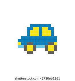A flat pixel design made of geometric square color blocks on a clean icon layout. Suitable for creative modern elements, isolated items, or bright craft projects. Pixel art electric car