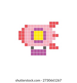Um design de pixel plano feito de blocos de cores quadradas geométricas em um layout de ícone limpo. Adequado para elementos criativos modernos, itens isolados ou projetos de artesanato brilhante. Pixel art zepelim