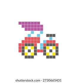 Um design de pixel plano feito de blocos de cores quadradas geométricas em um layout de ícone limpo. Adequado para elementos criativos modernos, itens isolados ou projetos de artesanato brilhante. Pixel art pedicab