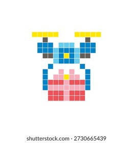 Um design de pixel plano feito de blocos de cores quadradas geométricas em um layout de ícone limpo. Adequado para elementos criativos modernos, itens isolados ou projetos de artesanato brilhante. Pixel arte drone e caixa de presente