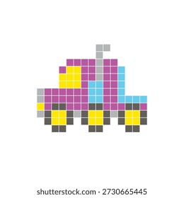A flat pixel design made of geometric square color blocks on a clean icon layout. Suitable for creative modern elements, isolated items, or bright craft projects. Pixel art semi-truck cab