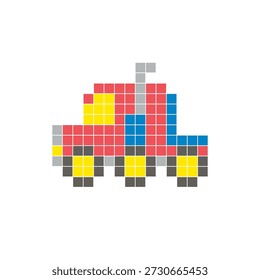 A flat pixel design made of geometric square color blocks on a clean icon layout. Suitable for creative modern elements, isolated items, or bright craft projects. Pixel art semi-truck cab