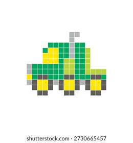 A flat pixel design made of geometric square color blocks on a clean icon layout. Suitable for creative modern elements, isolated items, or bright craft projects. Pixel art semi-truck cab