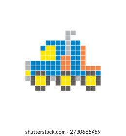 A flat pixel design made of geometric square color blocks on a clean icon layout. Suitable for creative modern elements, isolated items, or bright craft projects. Pixel art semi-truck cab