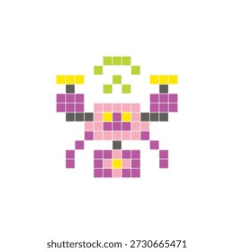 A flat pixel design made of geometric square color blocks on a clean icon layout. Suitable for creative modern elements, isolated items, or bright craft projects. Pixel art drone