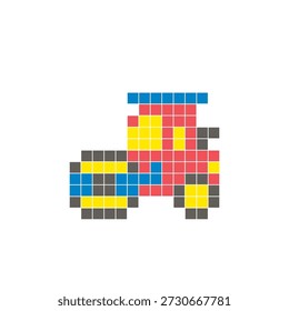 A flat pixel design made of geometric square color blocks on a clean icon layout. Suitable for creative modern elements, isolated items, or bright craft projects. Pixel art road roller