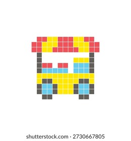 A flat pixel design made of geometric square color blocks on a clean icon layout. Suitable for creative modern elements, isolated items, or bright craft projects. Pixel art food cart