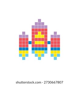 Um design de pixel plano feito de blocos de cores quadradas geométricas em um layout de ícone limpo. Adequado para elementos criativos modernos, itens isolados ou projetos de artesanato brilhante. Foguete de arte Pixel