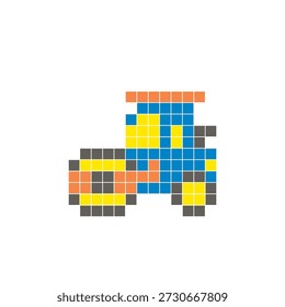 A flat pixel design made of geometric square color blocks on a clean icon layout. Suitable for creative modern elements, isolated items, or bright craft projects. Pixel art road roller