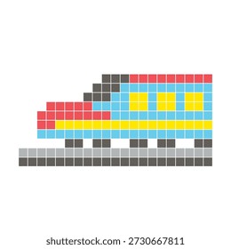 A flat pixel design made of geometric square color blocks on a clean icon layout. Suitable for creative modern elements, isolated items, or bright craft projects. Pixel art modern train