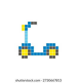 A flat pixel design made of geometric square color blocks on a clean icon layout. Suitable for creative modern elements, isolated items, or bright craft projects. Pixel art kids scooter