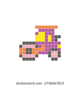 A flat pixel design made of geometric square color blocks on a clean icon layout. Suitable for creative modern elements, isolated items, or bright craft projects. Pixel art road roller