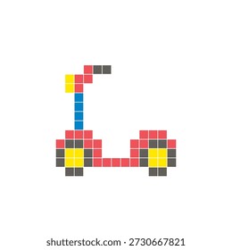 Um design de pixel plano feito de blocos de cores quadradas geométricas em um layout de ícone limpo. Adequado para elementos criativos modernos, itens isolados ou projetos de artesanato brilhante. Pixel arte crianças scooter