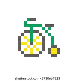 A flat pixel design made of geometric square color blocks on a clean icon layout. Suitable for creative modern elements, isolated items, or bright craft projects. Pixel art penny farthing bicycle