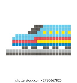 Um design de pixel plano feito de blocos de cores quadradas geométricas em um layout de ícone limpo. Adequado para elementos criativos modernos, itens isolados ou projetos de artesanato brilhante. Pixel arte trem moderno
