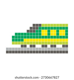Um design de pixel plano feito de blocos de cores quadradas geométricas em um layout de ícone limpo. Adequado para elementos criativos modernos, itens isolados ou projetos de artesanato brilhante. Pixel arte trem moderno