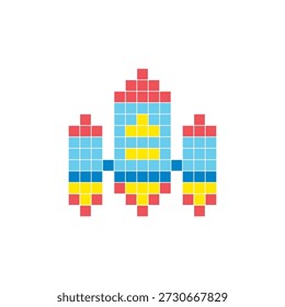 Um design de pixel plano feito de blocos de cores quadradas geométricas em um layout de ícone limpo. Adequado para elementos criativos modernos, itens isolados ou projetos de artesanato brilhante. Foguete de arte Pixel