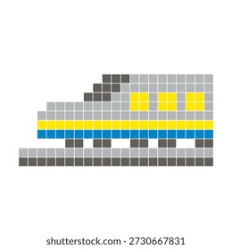 Um design de pixel plano feito de blocos de cores quadradas geométricas em um layout de ícone limpo. Adequado para elementos criativos modernos, itens isolados ou projetos de artesanato brilhante. Pixel arte trem moderno