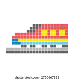 Um design de pixel plano feito de blocos de cores quadradas geométricas em um layout de ícone limpo. Adequado para elementos criativos modernos, itens isolados ou projetos de artesanato brilhante. Pixel arte trem moderno