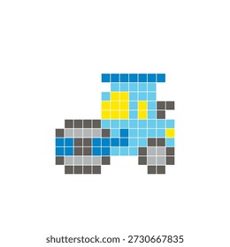 A flat pixel design made of geometric square color blocks on a clean icon layout. Suitable for creative modern elements, isolated items, or bright craft projects. Pixel art road roller