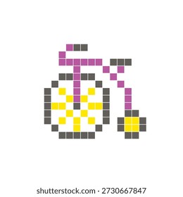 Ein flaches Pixeldesign aus geometrischen quadratischen Farbblöcken auf einem sauberen Symbollayout. Geeignet für kreative moderne Elemente, Einzelstücke oder helle Handwerksprojekte. Pixel art penny farthing fahrrad