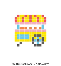 A flat pixel design made of geometric square color blocks on a clean icon layout. Suitable for creative modern elements, isolated items, or bright craft projects. Pixel art food cart