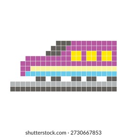 A flat pixel design made of geometric square color blocks on a clean icon layout. Suitable for creative modern elements, isolated items, or bright craft projects. Pixel art modern train