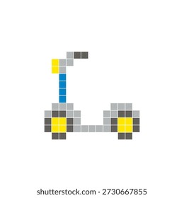 A flat pixel design made of geometric square color blocks on a clean icon layout. Suitable for creative modern elements, isolated items, or bright craft projects. Pixel art kids scooter