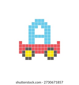 A flat pixel design made of geometric square color blocks on a clean icon layout. Suitable for creative modern elements, isolated items, or bright craft projects. Pixel art cart and letter A