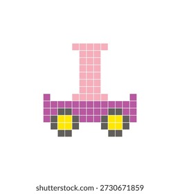 A flat pixel design made of geometric square color blocks on a clean icon layout. Suitable for creative modern elements, isolated items, or bright craft projects. Pixel art cart and letter I