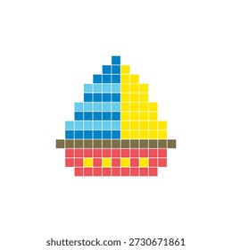 Um design de pixel plano feito de blocos de cores quadradas geométricas em um layout de ícone limpo. Adequado para elementos criativos modernos, itens isolados ou projetos de artesanato brilhante. Barco de arte Pixel